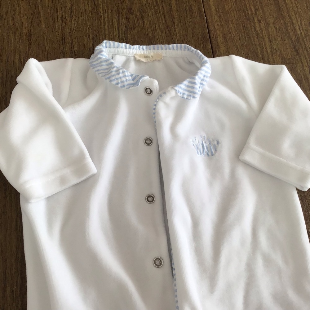 White and Blue Bodysuit with Ruffled Details